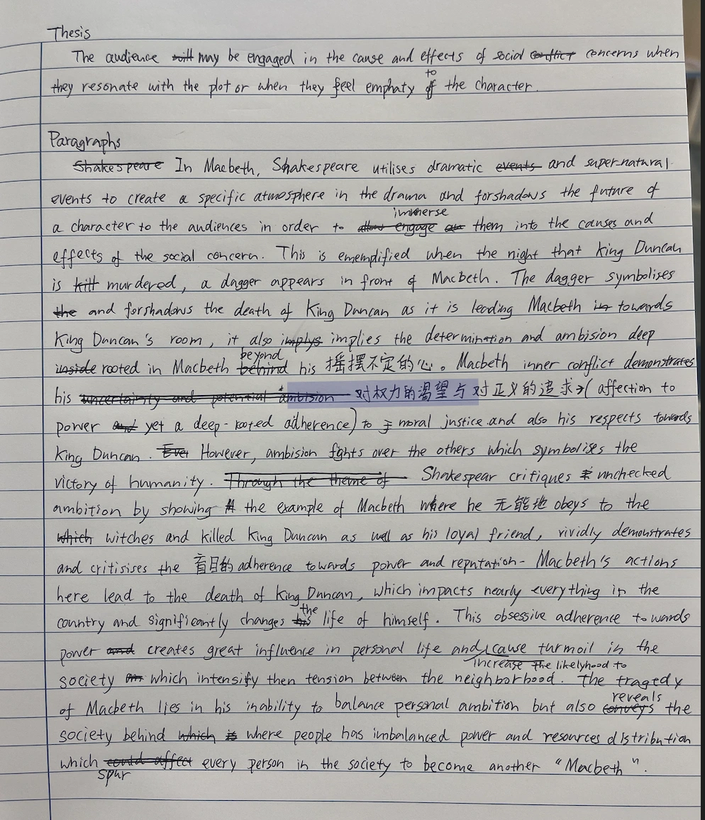 Handwritten Macbeth essay draft on lined paper